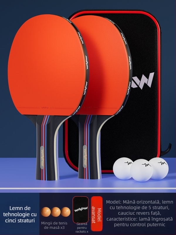 Paletă de tenis de masă WAVAW, lamă din plop, gumă anti-adezivă, paletă dublă cu mâner lung și scurt, imprimare logo disponibil