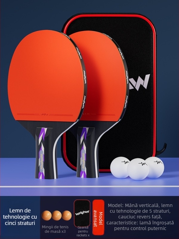 Paletă de tenis de masă WAVAW, lamă din plop, gumă anti-adezivă, paletă dublă cu mâner lung și scurt, imprimare logo disponibil