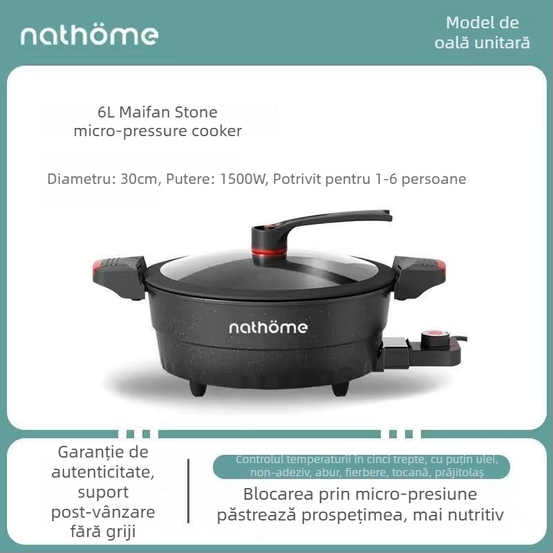 Oală electrică multifuncțională cu strat antiaderent și capac de sticlă, 1400W, 220V, aliaj de aluminiu