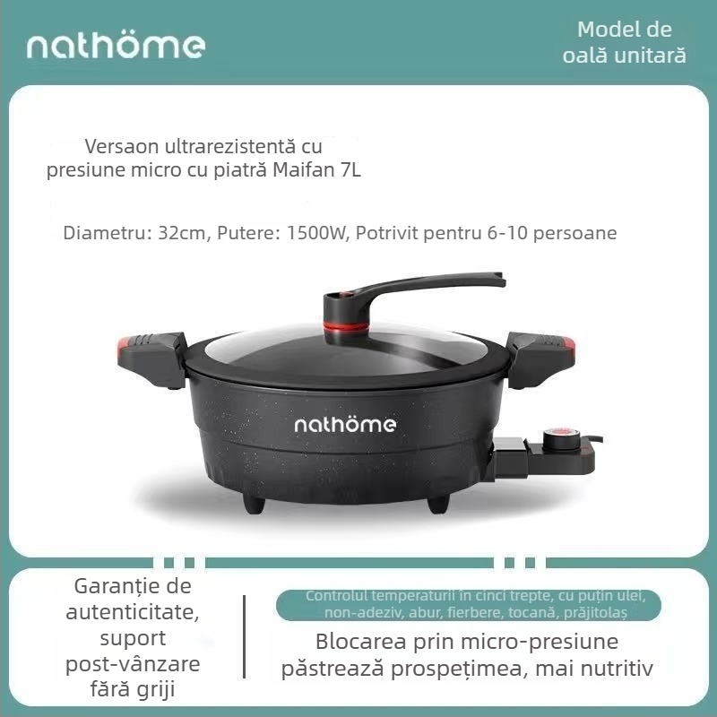 Oală electrică multifuncțională cu strat antiaderent și capac de sticlă, 1400W, 220V, aliaj de aluminiu