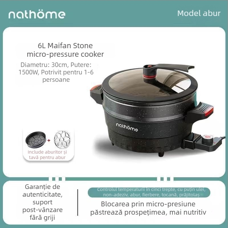 Oală electrică multifuncțională cu strat antiaderent și capac de sticlă, 1400W, 220V, aliaj de aluminiu