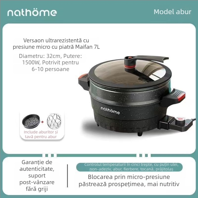 Oală electrică multifuncțională cu strat antiaderent și capac de sticlă, 1400W, 220V, aliaj de aluminiu