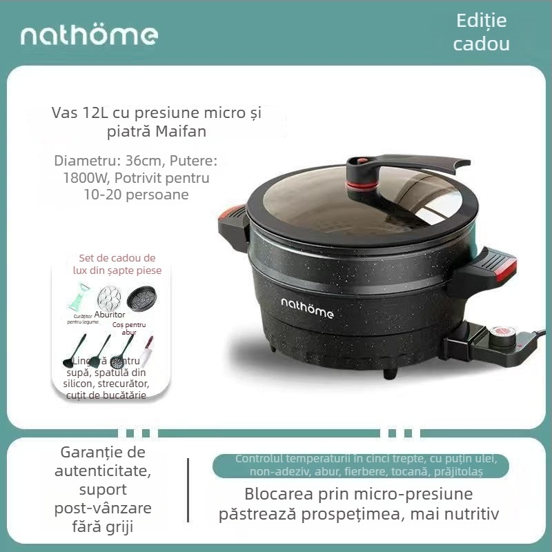 Oală electrică multifuncțională cu strat antiaderent și capac de sticlă, 1400W, 220V, aliaj de aluminiu