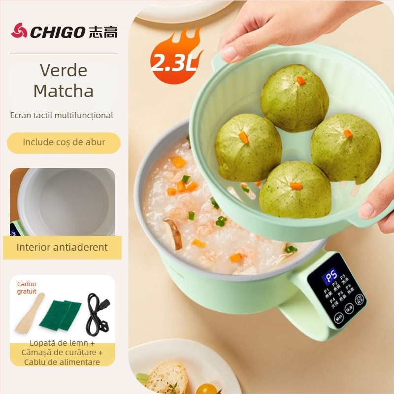 Oală electrică de gătit cu ecran tactil și control prin buton, capacitate 2,1–4 L, două tăvi interioare, design cu două straturi, izolație, curățare all-in-one