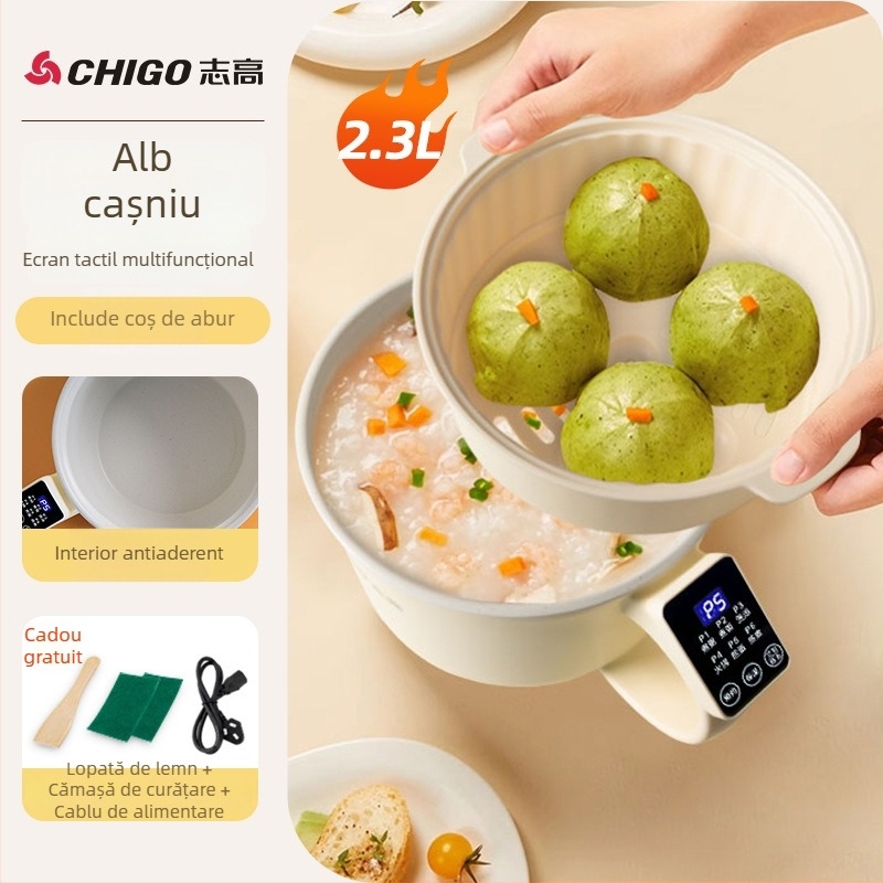 Oală electrică de gătit cu ecran tactil și control prin buton, capacitate 2,1–4 L, două tăvi interioare, design cu două straturi, izolație, curățare all-in-one
