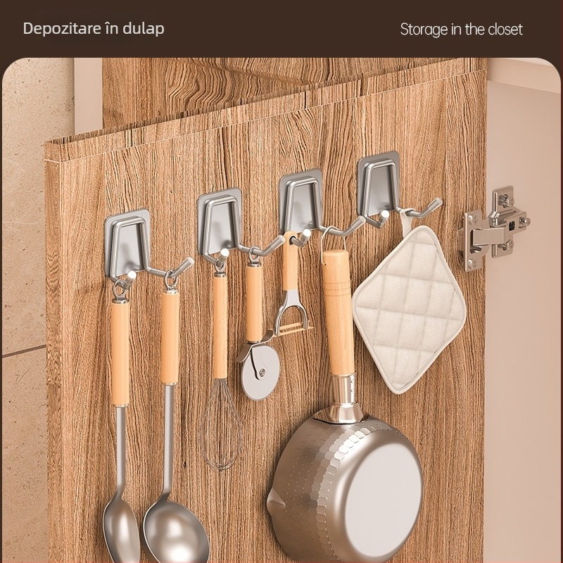 Cârlig din oțel inoxidabil, montaj fără găuri – pentru baie și bucătărie, cu fixare adezivă, design modern minimalist, finisaj lucios, greutate 0.2 kg