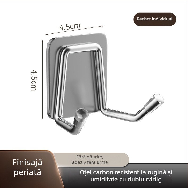Cârlig din oțel inoxidabil, montaj fără găuri – pentru baie și bucătărie, cu fixare adezivă, design modern minimalist, finisaj lucios, greutate 0.2 kg