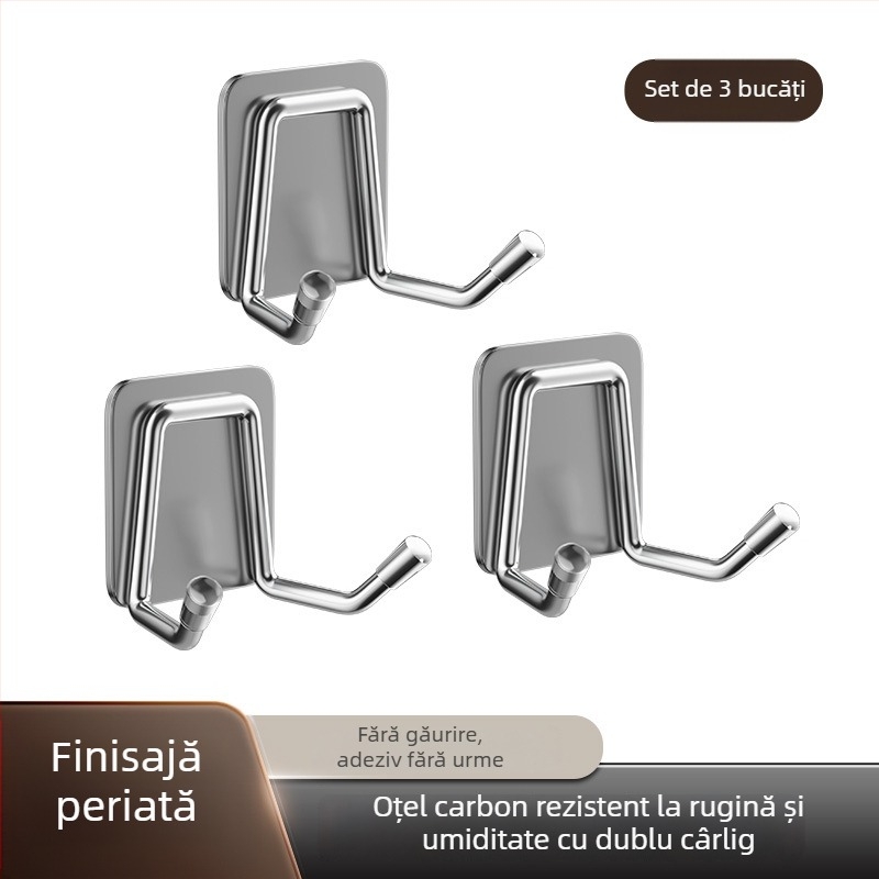 Cârlig din oțel inoxidabil, montaj fără găuri – pentru baie și bucătărie, cu fixare adezivă, design modern minimalist, finisaj lucios, greutate 0.2 kg