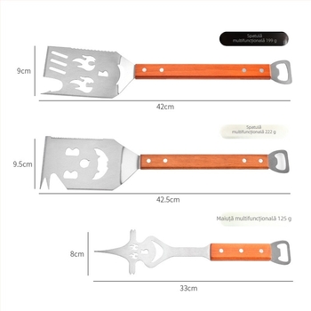 Set de unelte pentru grătar din oțel inoxidabil, mânere din lemn – 3 piese: furculiță, spatulă și clește