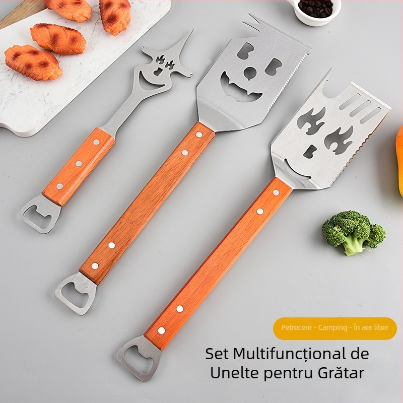 Set de unelte pentru grătar din oțel inoxidabil, mânere din lemn – 3 piese: furculiță, spatulă și clește