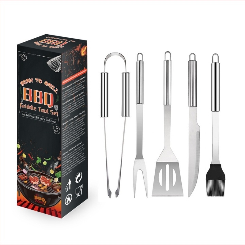 Set de ustensile pentru grătar din oțel inoxidabil, cu cuțit, furculiță, perie și lopățică – portabil pentru exterior