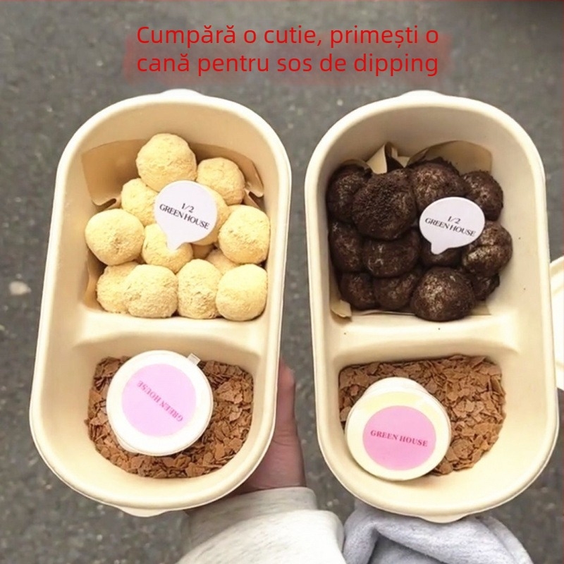 Cutie de ambalaj pentru mochi, cu două compartimente, din masă de celuloză, potrivită pentru congelare, cu tavă pentru sos de înmuiere