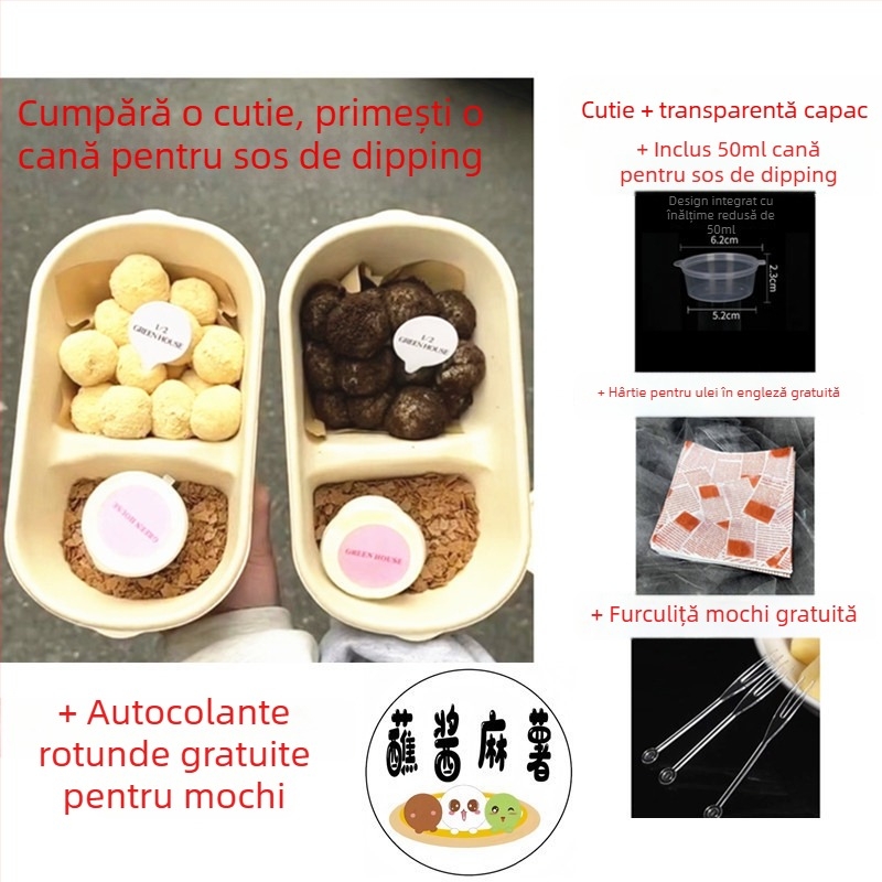 Cutie de ambalaj pentru mochi, cu două compartimente, din masă de celuloză, potrivită pentru congelare, cu tavă pentru sos de înmuiere
