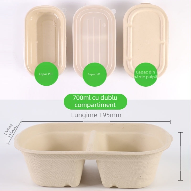 Cutie de ambalaj pentru mochi, cu două compartimente, din masă de celuloză, potrivită pentru congelare, cu tavă pentru sos de înmuiere