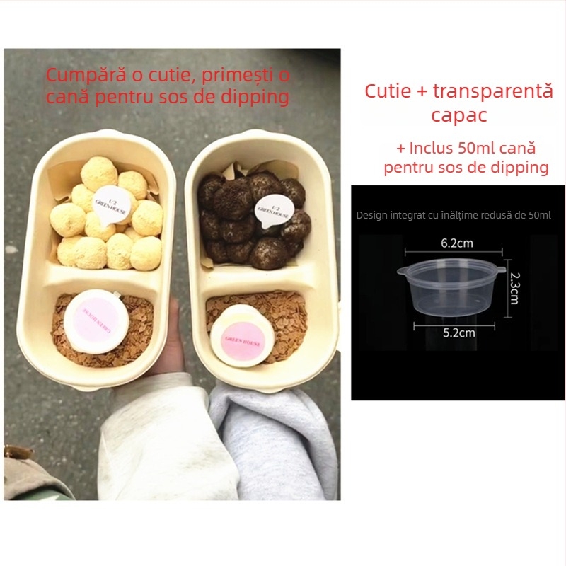 Cutie de ambalaj pentru mochi, cu două compartimente, din masă de celuloză, potrivită pentru congelare, cu tavă pentru sos de înmuiere