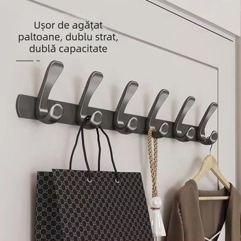 Cuier adeziv pentru ușă, fără găuri, din oțel-carbon + ABS, stil modern minimalist, cu trei rânduri de agățătoare, capacitate 3-5 kg