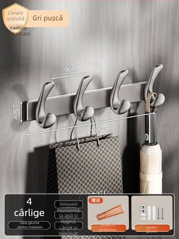 Cuier adeziv pentru ușă, fără găuri, din oțel-carbon + ABS, stil modern minimalist, cu trei rânduri de agățătoare, capacitate 3-5 kg