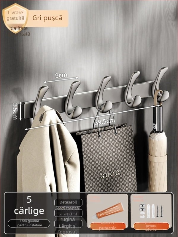 Cuier adeziv pentru ușă, fără găuri, din oțel-carbon + ABS, stil modern minimalist, cu trei rânduri de agățătoare, capacitate 3-5 kg
