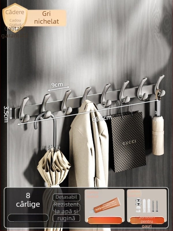 Cuier adeziv pentru ușă, fără găuri, din oțel-carbon + ABS, stil modern minimalist, cu trei rânduri de agățătoare, capacitate 3-5 kg