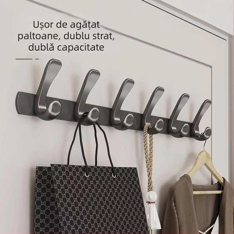 Cuier adeziv pentru ușă, fără găuri, din oțel-carbon + ABS, stil modern minimalist, cu trei rânduri de agățătoare, capacitate 3-5 kg