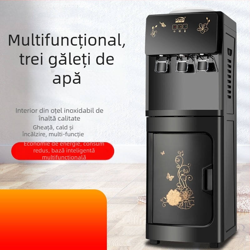 Dispenser vertical de apă caldă și rece pentru uz casnic, cu producere de gheață și alimentare de sus cu sticlă de apă îmbuteliată