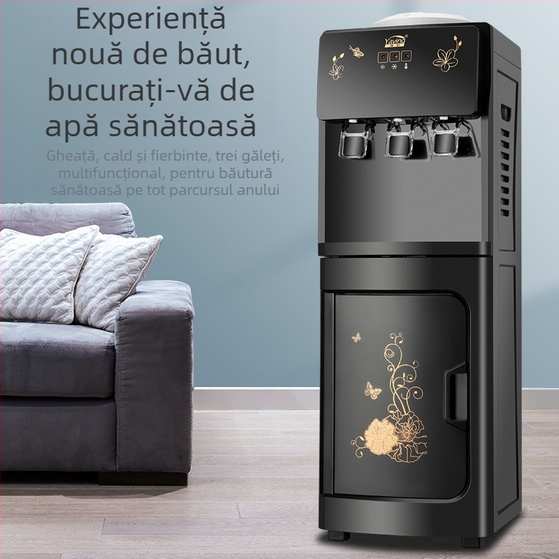 Dispenser vertical de apă caldă și rece pentru uz casnic, cu producere de gheață și alimentare de sus cu sticlă de apă îmbuteliată