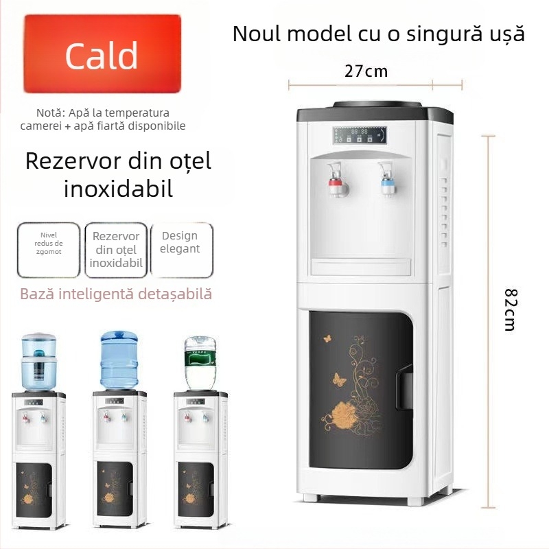 Dispenser vertical de apă caldă și rece pentru uz casnic, cu producere de gheață și alimentare de sus cu sticlă de apă îmbuteliată