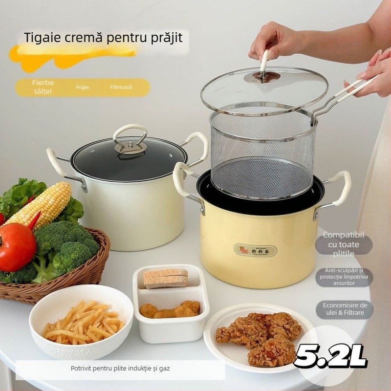 Oală multifuncțională pentru prăjit și fiert, din fier rafinat, capac de sticlă, strat antiaderent, model NYZGD