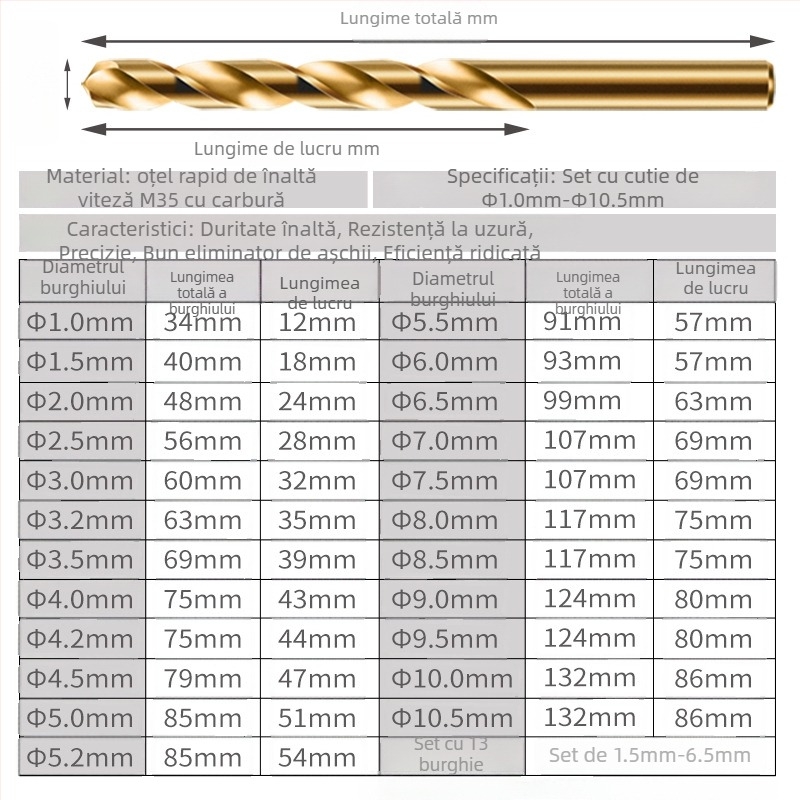 Bormașină electrică de mână cu set de burghii din oțel aliat cu cobalt, pentru oțel și lemn