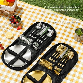 Set tacâmuri din oțel inoxidabil pentru camping, cu izolație, utilizare duală, portabil — pentru 3–5 persoane; include cuțite, furculițe, linguri, farfurii, clește și deschizător de sticle; model Ni-2220-fwtz