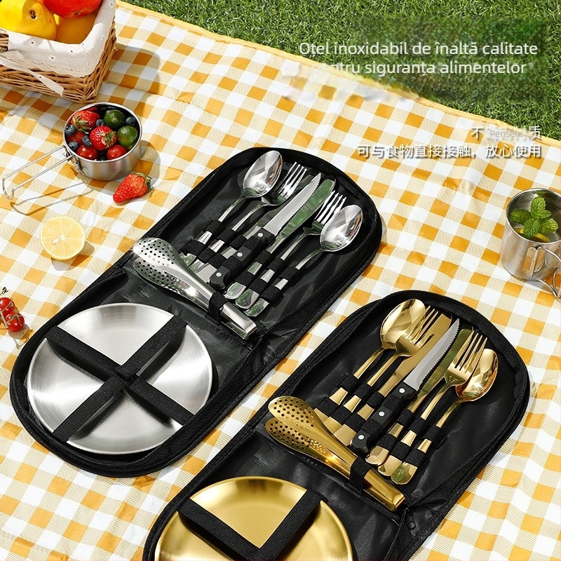 Set tacâmuri din oțel inoxidabil pentru camping, cu izolație, utilizare duală, portabil — pentru 3–5 persoane; include cuțite, furculițe, linguri, farfurii, clește și deschizător de sticle; model Ni-2220-fwtz