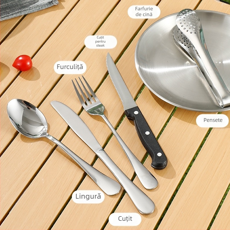 Set tacâmuri din oțel inoxidabil pentru camping, cu izolație, utilizare duală, portabil — pentru 3–5 persoane; include cuțite, furculițe, linguri, farfurii, clește și deschizător de sticle; model Ni-2220-fwtz