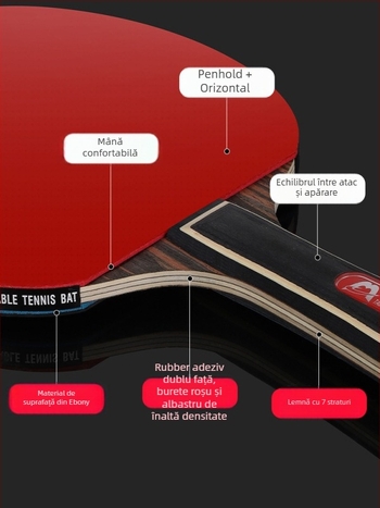 Rachetă de ping-pong cu mâner lung, lovire directă, gumă adezivă, lamă din materiale multiple (Poplar, basswood, ebony, teak) pentru începători