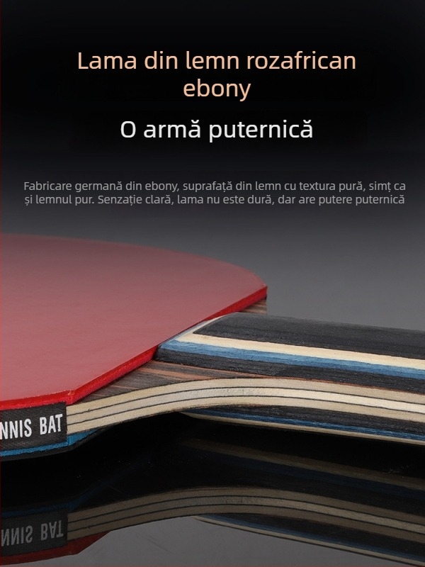 Rachetă de ping-pong cu mâner lung, lovire directă, gumă adezivă, lamă din materiale multiple (Poplar, basswood, ebony, teak) pentru începători