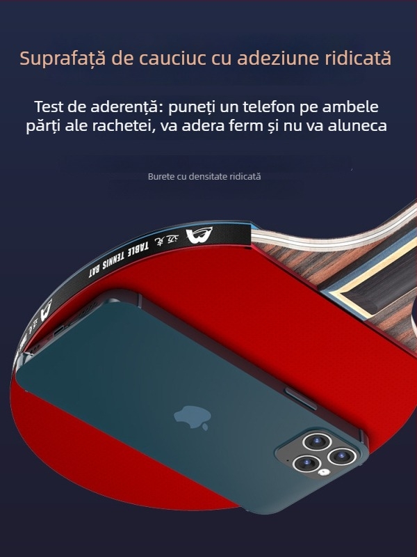 Rachetă de ping-pong cu mâner lung, lovire directă, gumă adezivă, lamă din materiale multiple (Poplar, basswood, ebony, teak) pentru începători