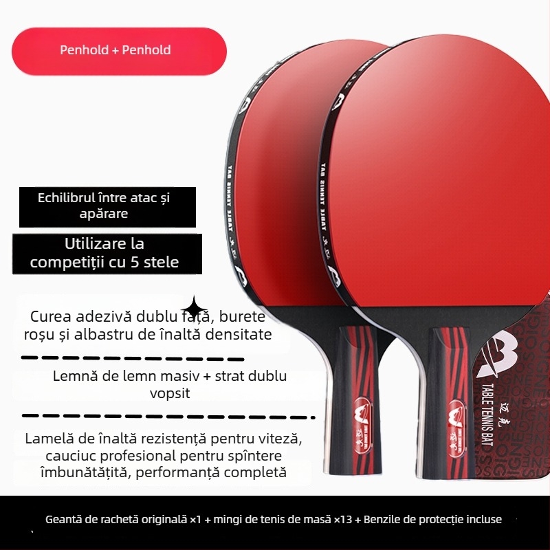 Rachetă de ping-pong cu mâner lung, lovire directă, gumă adezivă, lamă din materiale multiple (Poplar, basswood, ebony, teak) pentru începători