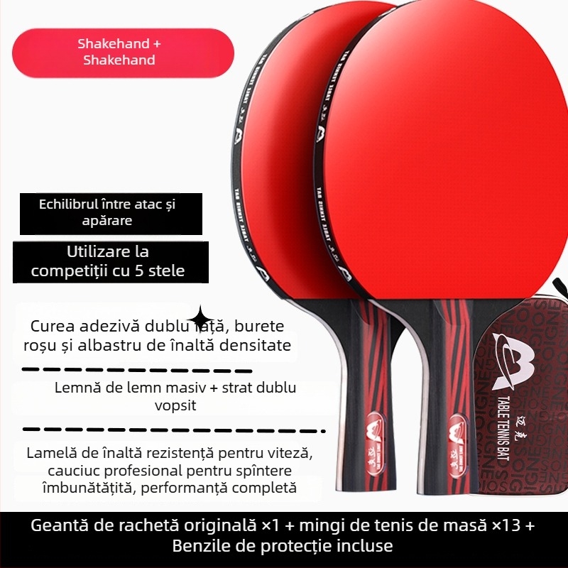 Rachetă de ping-pong cu mâner lung, lovire directă, gumă adezivă, lamă din materiale multiple (Poplar, basswood, ebony, teak) pentru începători