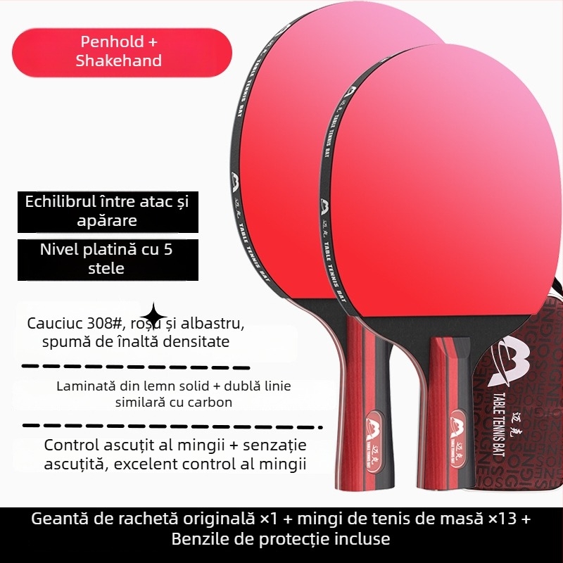 Rachetă de ping-pong cu mâner lung, lovire directă, gumă adezivă, lamă din materiale multiple (Poplar, basswood, ebony, teak) pentru începători
