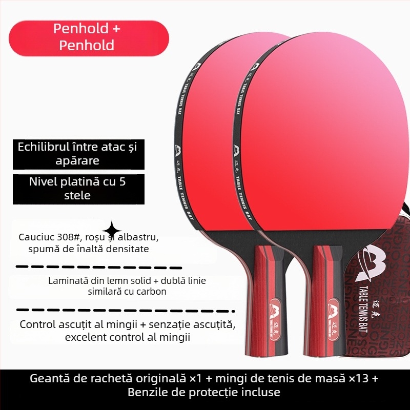 Rachetă de ping-pong cu mâner lung, lovire directă, gumă adezivă, lamă din materiale multiple (Poplar, basswood, ebony, teak) pentru începători