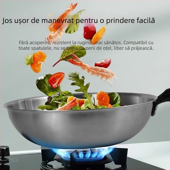 Wok din oțel inoxidabil, fără acoperire, cu capac din sticlă, compatibil cu plita pe gaz și inducție, adâncime 10 cm, greutate 1,2 kg, model 30-34
