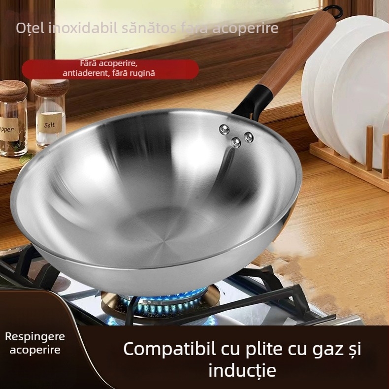Wok din oțel inoxidabil, fără acoperire, cu capac din sticlă, compatibil cu plita pe gaz și inducție, adâncime 10 cm, greutate 1,2 kg, model 30-34