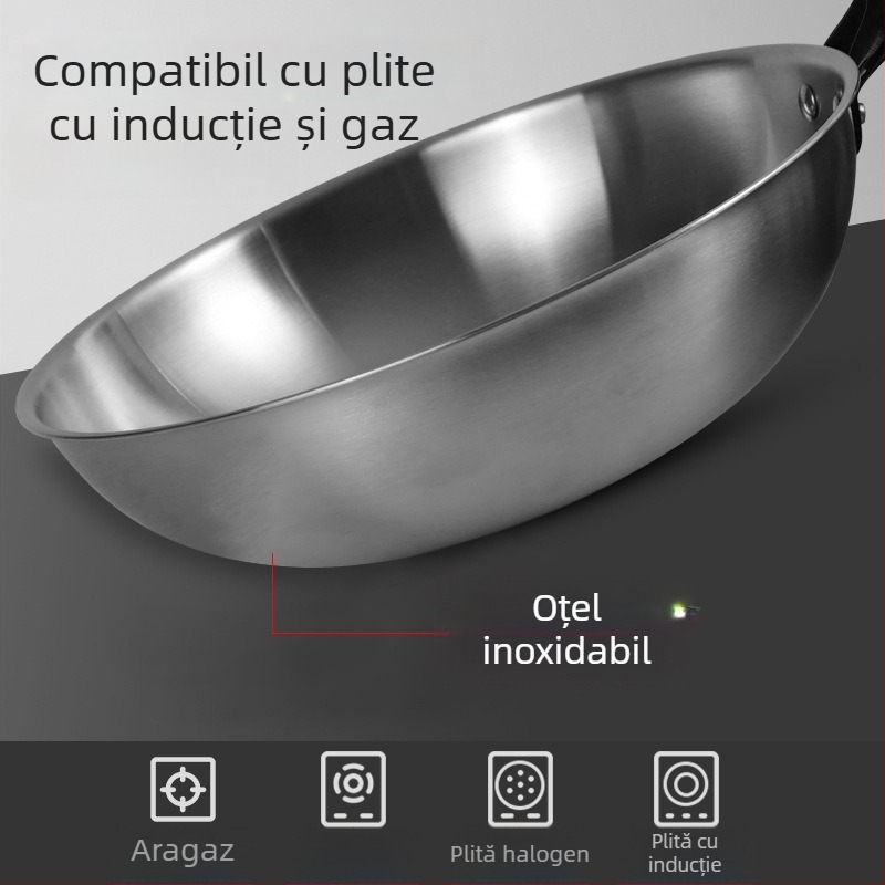 Wok din oțel inoxidabil, fără acoperire, cu capac din sticlă, compatibil cu plita pe gaz și inducție, adâncime 10 cm, greutate 1,2 kg, model 30-34