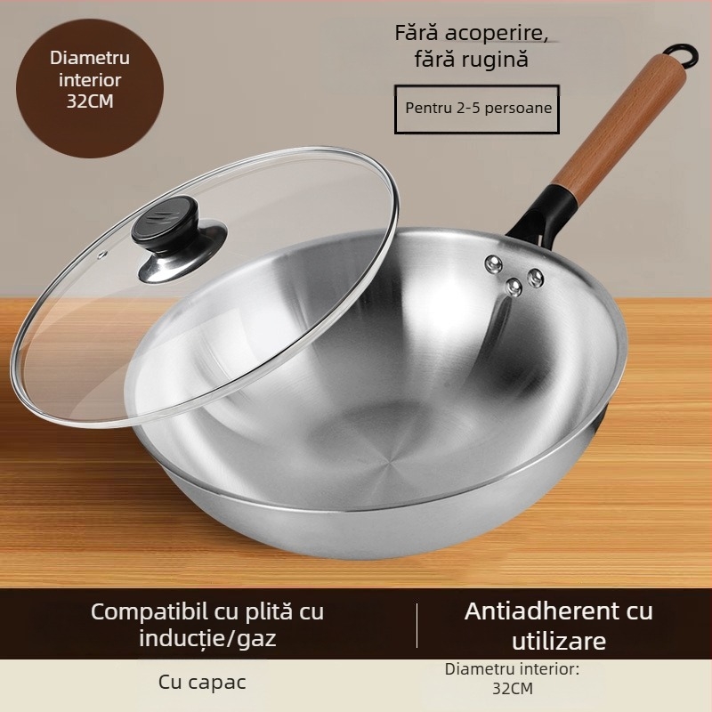 Wok din oțel inoxidabil, fără acoperire, cu capac din sticlă, compatibil cu plita pe gaz și inducție, adâncime 10 cm, greutate 1,2 kg, model 30-34