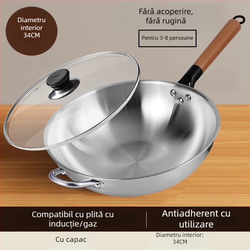Wok din oțel inoxidabil, fără acoperire, cu capac din sticlă, compatibil cu plita pe gaz și inducție, adâncime 10 cm, greutate 1,2 kg, model 30-34