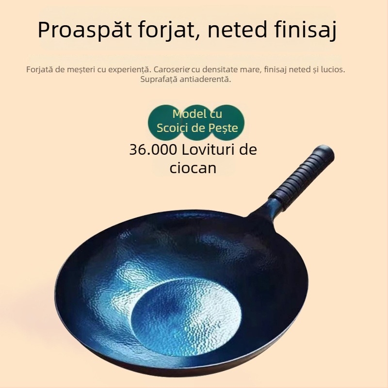 Wok din fier forjat, neacoperit, compatibil cu inducția, model cu solzi de pește, fund unic