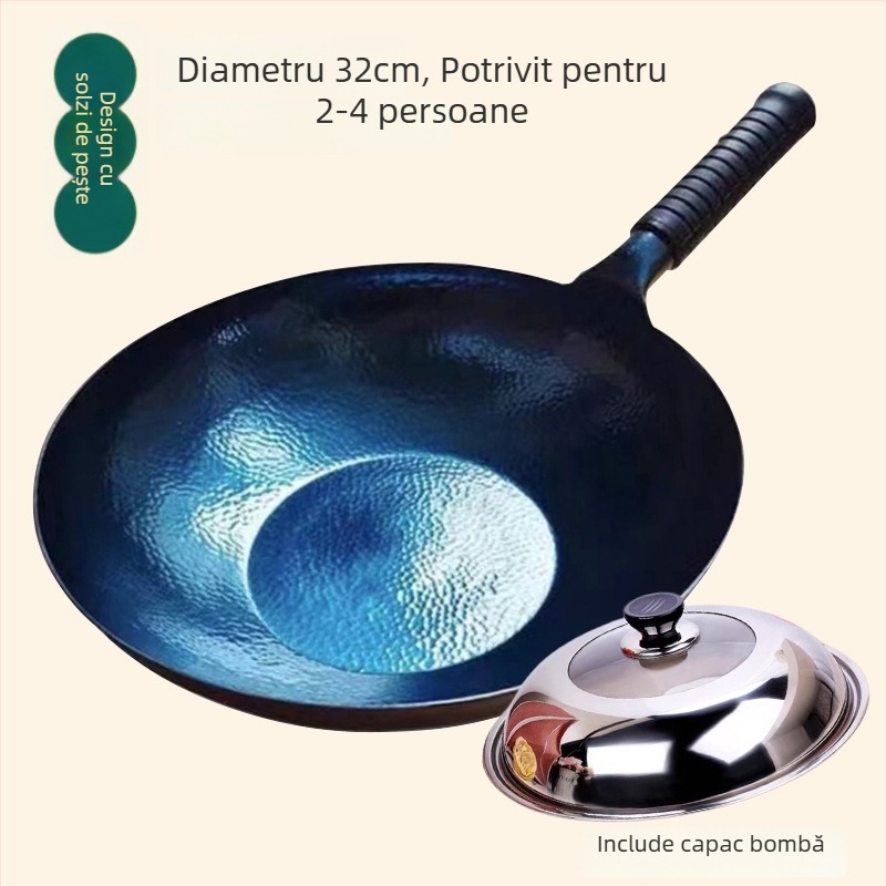 Wok din fier forjat, neacoperit, compatibil cu inducția, model cu solzi de pește, fund unic