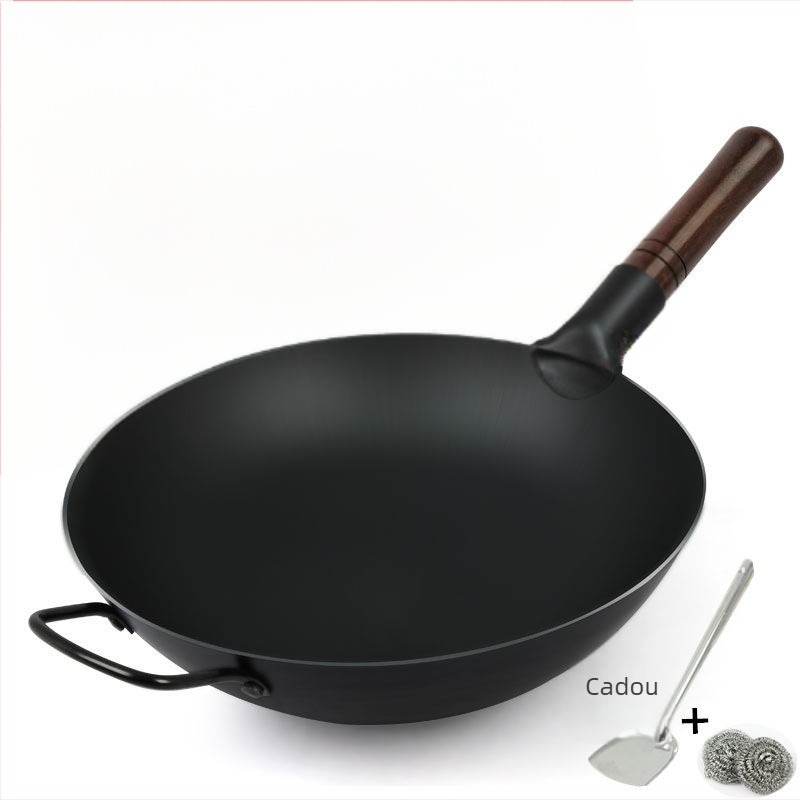 Wok din fontă în stil vechi, cu construcție groasă, fără strat și cu proprietăți antiaderente, capac din oțel inoxidabil cu panou de sticlă, potrivit pentru aragaz pe gaz