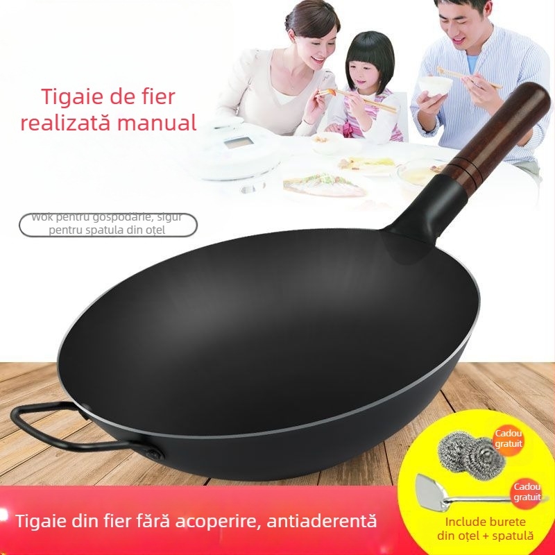 Wok din fontă în stil vechi, cu construcție groasă, fără strat și cu proprietăți antiaderente, capac din oțel inoxidabil cu panou de sticlă, potrivit pentru aragaz pe gaz