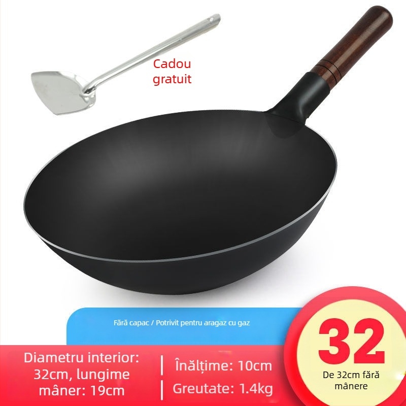 Wok din fontă în stil vechi, cu construcție groasă, fără strat și cu proprietăți antiaderente, capac din oțel inoxidabil cu panou de sticlă, potrivit pentru aragaz pe gaz