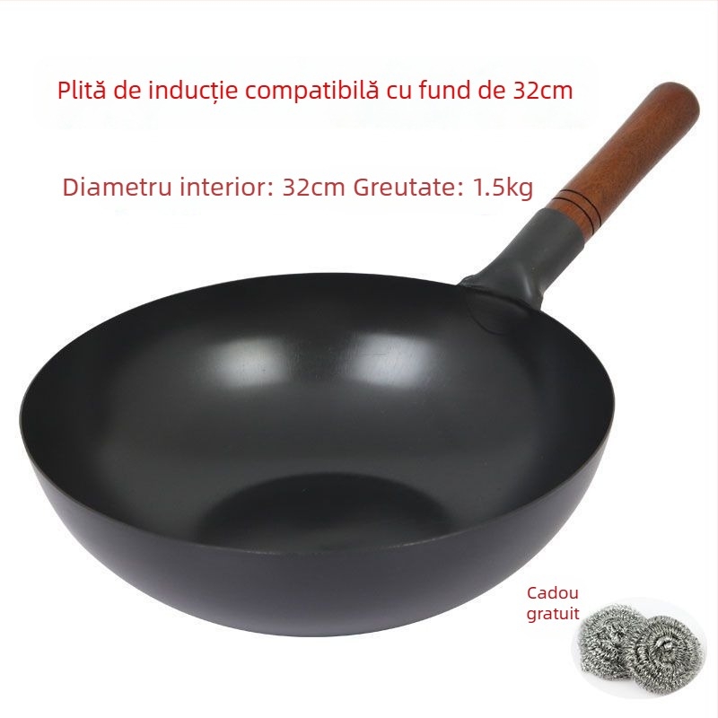 Wok din fontă în stil vechi, cu construcție groasă, fără strat și cu proprietăți antiaderente, capac din oțel inoxidabil cu panou de sticlă, potrivit pentru aragaz pe gaz
